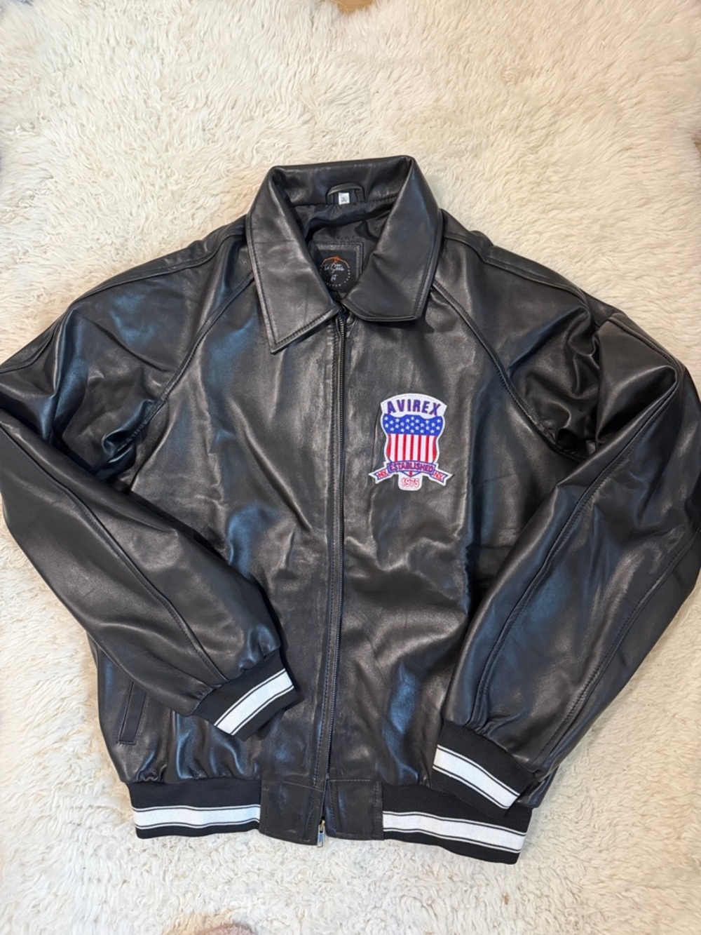 Black Leather Jacket with Embroidered Shield Patch 2XL